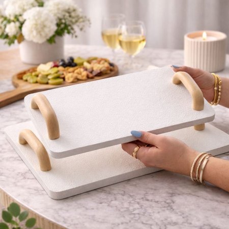 طقم صواني ضيافة ديكور أبيض ومقابض خشبية أنيقة