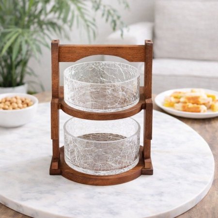 مضيفة زجاج مُتلئلئ وخشب طبقتين ( بدون غطاء )