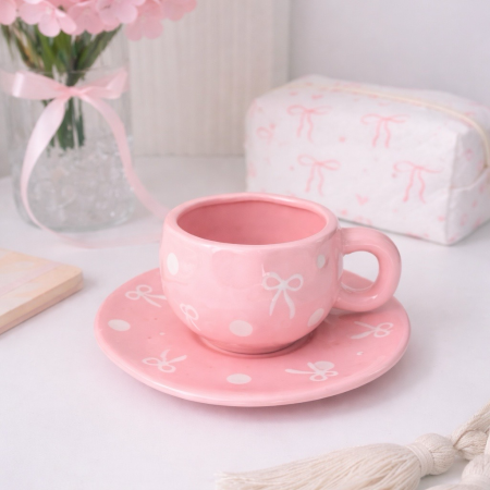 مج سيراميك مع صحن – تصميم ربطة ببيونة وردية