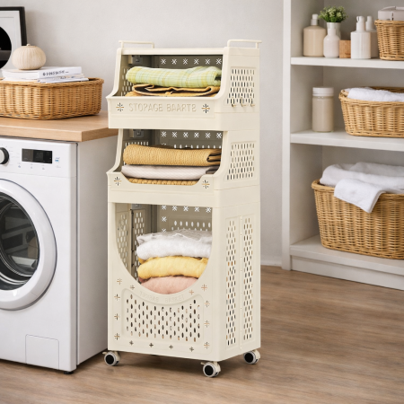 سلة غسيل وتخزين متعددة الطبقات بعجلات – تصميم موفّر للمساحة