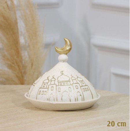 مضيفة مدور 20 سم جبص بيج غطا قبة مرسم مسجد ذهبي مسكة هلال