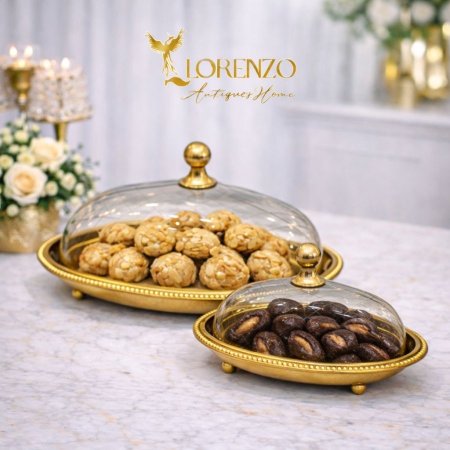 مضيفة بيضاوي مع غطاء بقلاوة نحاس هندي اطار ذهبي