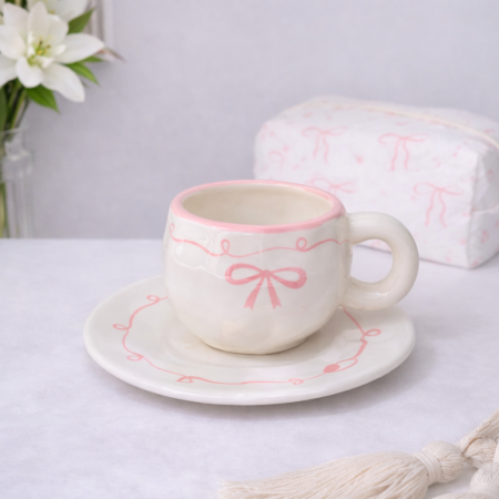 مج سيراميك مع صحن – تصميم ربطة ببيونة وردية منقطة