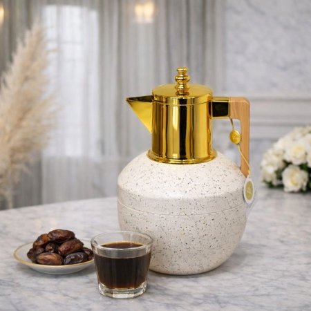 تيرموس قهوة 1 لتر بطة بيج منقط عنق ذهبي يد خشب Y.C.023437 ++ول