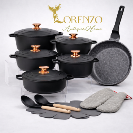 طقم طناجر 18 قطعة أسود من DONNOR – سكب غير لاصقة