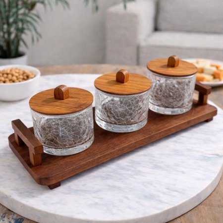 مضيفة زجاج مُتلئلئ مع قاعدة خشب ثلاثية ( مع غطاء)