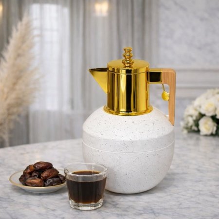 تيرموس قهوة 1 لتر بطة بيج منقط عنق ذهبي يد خشب Y.C.023437