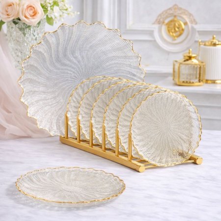 طقم تقديم 7 قطع زجاجي فاخر – جاط كبير مع 6 صحون | حافة ذهبية