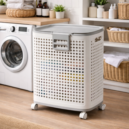 سلة غسيل بعجلات – حجم كبير مع غطاء