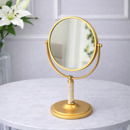 مرآة طاولة دائرية معدنية فاخرة – تصميم عصري بلمسة كريستال