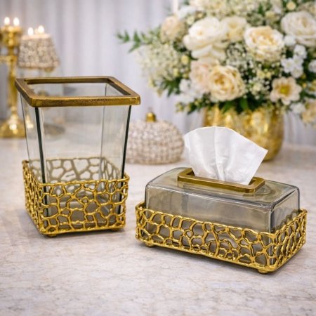 طقم سلة مع علبة محارم نحاس هندي ذهبي