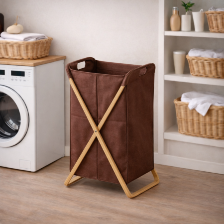 سلة غسيل قماشية مع هيكل خيزران – قابلة للطي | لون بني
