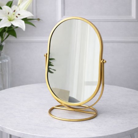 مرآة طاولة معدنية بيضاوي – إطار ذهبي فاخر
