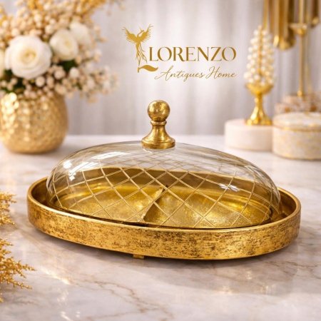 مضيفة بيضاوي مقسمة مع غطاء نحاس هندي اطار ذهبي
