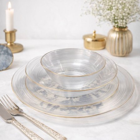 طقم صحون سفرة 24 قطعة شفاف مع حيف ذهبي