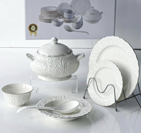 طقم صحون بورسلان 27 قطعة ابيض منقش حز ذهبي