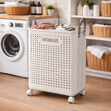 سلة غسيل مزوّدة بعجلات – تصميم عملي ومهوّى