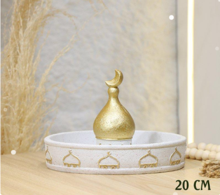 صحن قطايف جبص بيج مدور 20 سم مسكة قبة ذهبي