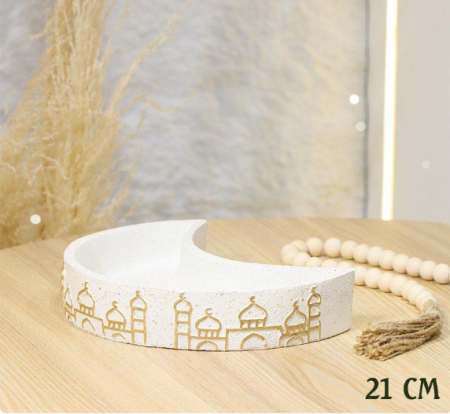 مضيفة جبص بيج 21سم شكل هلال مرسم مسجد ذهبي