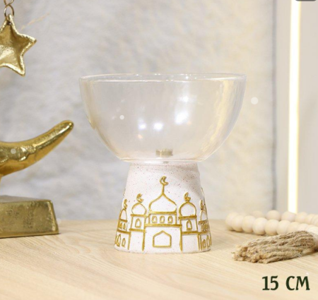 مضيفة زجاج مدور 15سم قاعدة جبص بيج مرسم مسجد ذهبي