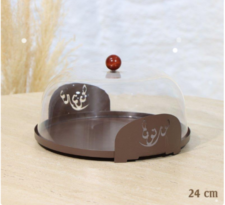 جاط كيك مدور 24سم تنك بني غطا اكرلك شفاف بيدين مكتب نورتونا مسكة طابة