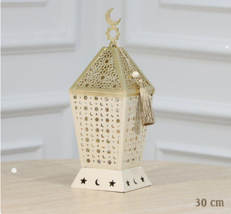 فانوس رمضان مضلع 30 سم تنك بيج وذهبي اضاءة ذهبي بطاريات