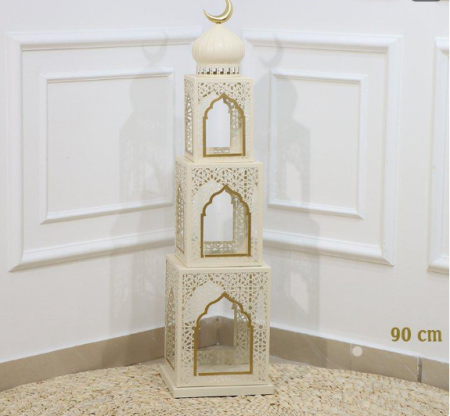 فانوس رمضان مربع 3 طبقات 90سم تنك بيج وذهبي قبة بيج وهلال ذهبي