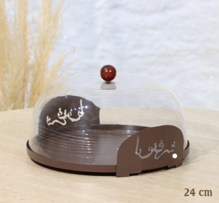 جاط كيك مدور 24 سم تنك بني غطا اكرلك شفاف بيدين مكتب شرفتونا مسكة طابة