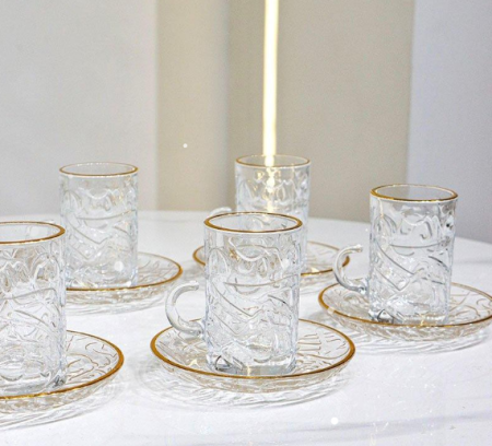 طقم كاسة شاي 6/6 زجاج سادة محفر مكتب