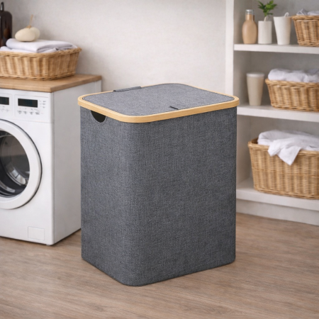 سلة غسيل مقاومة للماء – قابلة للطي مع غطاء ومقابض خيزران