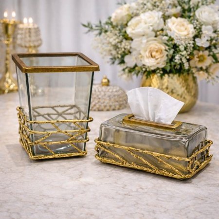 طقم سلة مع علبة محارم نحاس هندي مشبك ذهبي