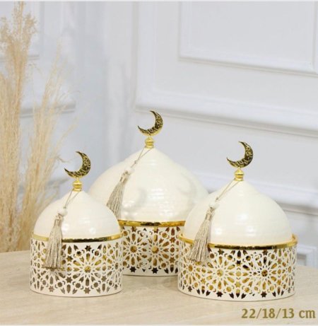 طقم مضايف رمضان 3 احجام مدور 12/18/22 سم تنك بيج غطا قبة مسكة هلال