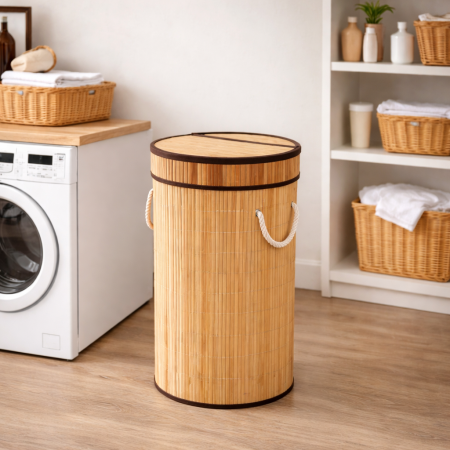 سلة غسيل دائري من الخيزران ( بامبو )  بغطاء مع سحاب  – تصميم طبيعي أنيق