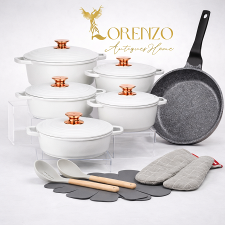 طقم طناجر 18 قطعة أبيض من DONNOR – سكب غير لاصقة