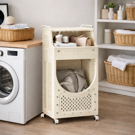 سلة غسيل متعددة الطبقات بعجلات – تصميم منزلي أنيق