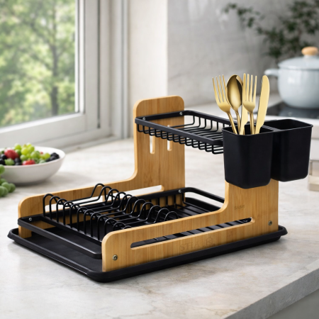 مشك جلي مجفف صحون خشب بامبو بطبقتين – أسود