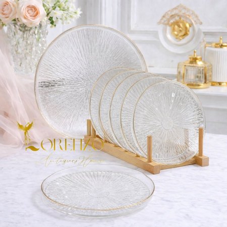 طقم تقديم زجاجي فاخر 7 قطع – جاط كبير و 6 صحون | حافة ذهبية