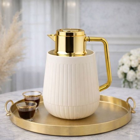 تيرموس 1 لتر بلاستك بيج محزز طويل غطا ضغط ذهبي HBAF07-02