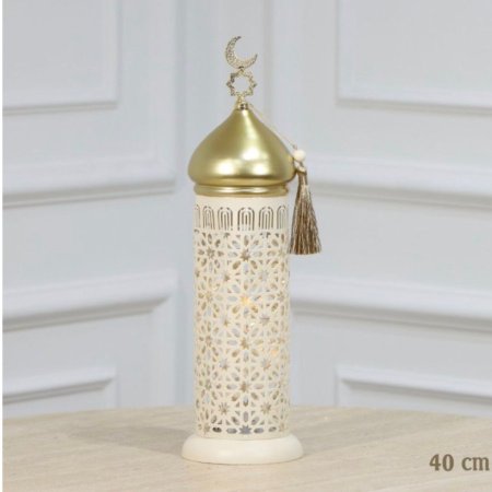 تحفة شكل مأذنة 40 سم اسطواني تنك بيج وذهبي اضاءة بطاريات مسكة هلال