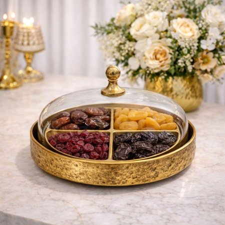 مضيفة دائرية مقسمة مع غطاء نحاس هندي اطار ذهبي