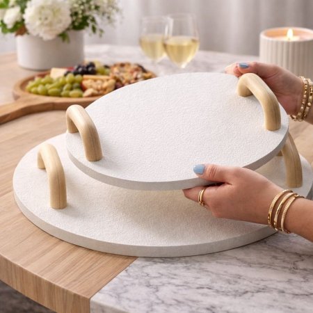 طقم صواني ضيافة ديكور أبيض ومقابض خشبية أنيقة