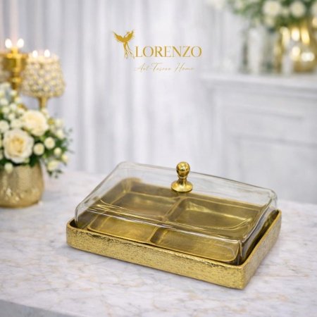 مضيفة مستطيل مقسمة مع غطاء نحاس هندي اطار ذهبي