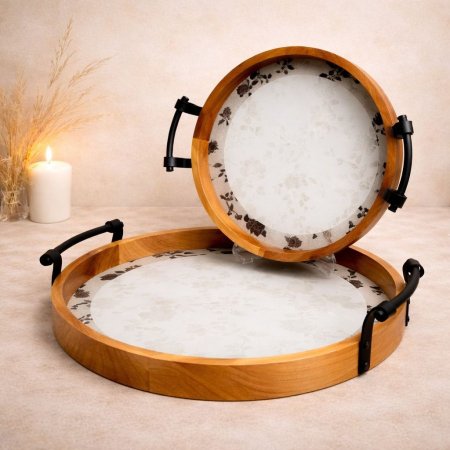 صينية تقديم دائرية خشب طبيعي – تصميم عصري فاخر (قطعتان)