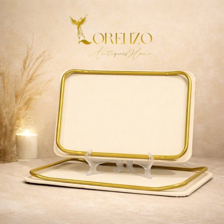 طقم صواني /2 مستطيل اطار تنك ذهبي وجه جلد كريمي بيدين لف