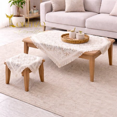 شرشف طاولة مربع مع 4 سكملات — سنارة كروشيه (طقم 5 قطع)