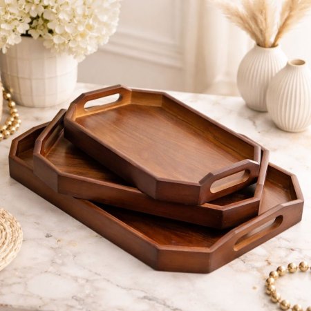 طقم صواني خشب مستطيل سداسي 3 قطع