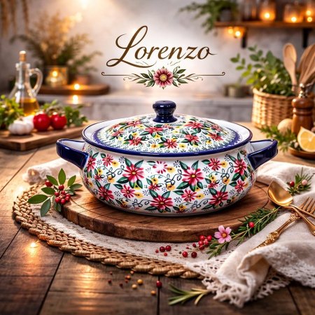 طنجرة بورسلان خزف 20سم اطار كحلي وجه ورد بيج وزهري واخضرB090