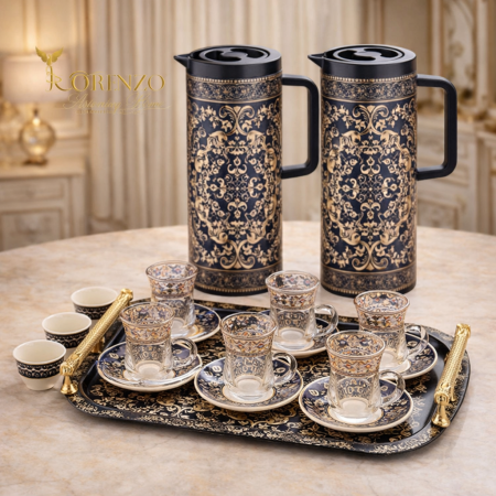 طقم دلة شاي ودلة قهوة فاخر مع صينية مزخرفة – 6 كاسات شاي + 6 صحون + 6 فناجين قهوة