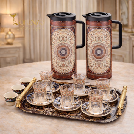 طقم دلة شاي ودلة قهوة فاخر مع صينية مزخرفة – 6 كاسات شاي + 6 صحون + 6 فناجين قهوة