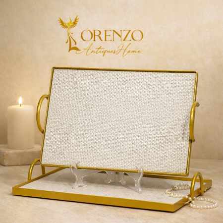 طقم صواني /2 مستطيل اطار تنك ذهبي وجه قماش ابيض وسكني بيدين مقبض